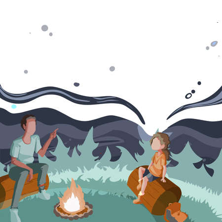 Father And Daughter Sitting Next To Campfire Enjoying Camping At The Parkのイラスト素材