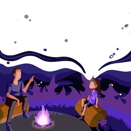 Father And Daughter Sitting Next To Campfire Enjoying Camping At The Park. Parent And His Kid Seated Next To Camping Heat Making Stories In The Forest.のイラスト素材
