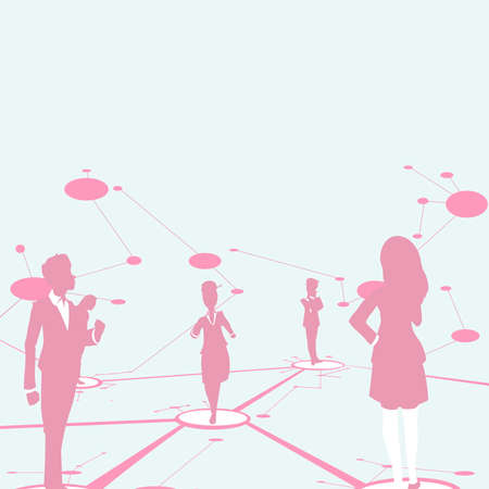 Several Team Members Standing Separate Thinking And Connected With Lines On Floor. Crew Group Placed Over Linked Together With Straight Lines.のイラスト素材