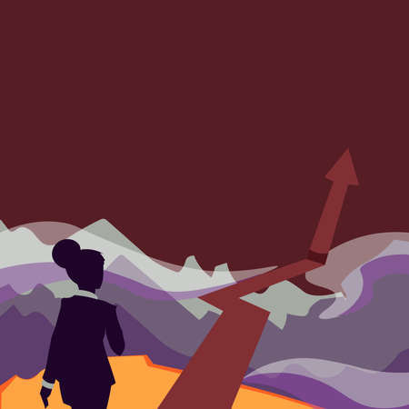 Lady Walking Towards Mountains With An Arrow Marking Successのイラスト素材