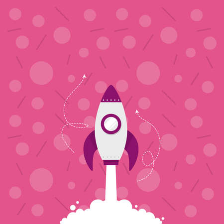 Illustration Of Rocket Ship Launching Fast Straight Up To The Outer Space. Spaceship Drawing Flying High At Sky. Space Shuttle Cartoon Floating At The Air.のイラスト素材