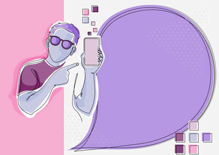 Line Drawing For Youth Guy Holding Phone Presenting New Ideas With Speech Bubble. Man Carrying Mobile Displaying New Ideas With Conversation Balloon.のイラスト素材