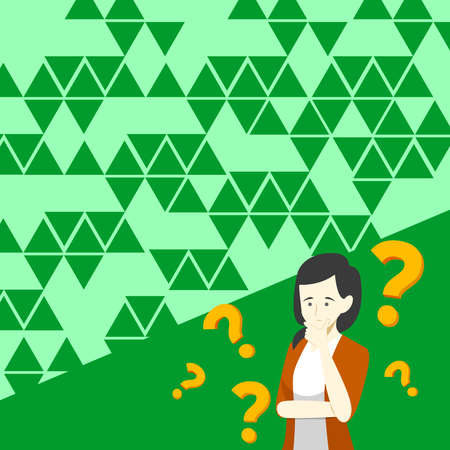 Lady Drawing Brainstorming New Solutions Surrounded With Question Marks. Woman Standing Wondering Other Ways To Solve Problme. Problem Solving Skillsのイラスト素材