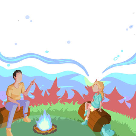 Father And Daughter Sitting Next To Campfire Enjoying Camping At The Park. Parent And His Kid Seated Next To Camping Heat Making Stories In The Forest.のイラスト素材