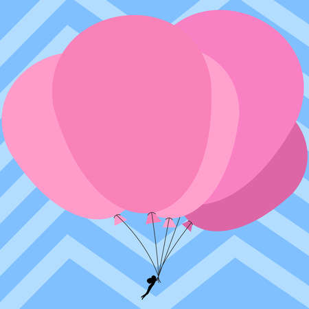 Man Holding Balloons Drawing Flying Around. Colorful Balloons With Striped Background.のイラスト素材