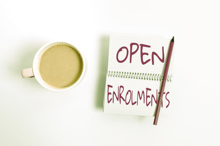 Hand writing sign Open Enrolments. Word for when employees may make changes to elected fringe benefit Display of Different Color Sticker Notes Arranged On flatlay Lay Backgroundの写真素材