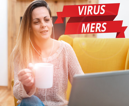 Hand writing sign Virus Mers. Word for viral respiratory illness that first reported in Saudi Arabia Browsing And Chatting In Social Media, Searching And Watching Videosの写真素材