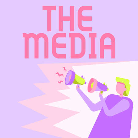 Conceptual display The Media. Concept meaning main means of mass communication that are regarded collectively Businessman Drawing Holding A Pair Of Megaphones Making New Announcement.の写真素材