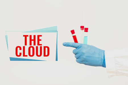 Text sign showing The Cloud. Concept meaning Programs used in Storing Accessing data over the internet Researcher Displaying Virus Prevention Method, New Infection Cure Ideasの写真素材