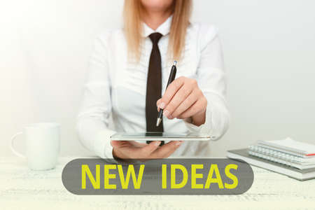 Sign displaying New Ideas. Word for something original or fresh and more effective innovation Developer Discussing Gadget Upgrade, Presenting Technical Specsの写真素材