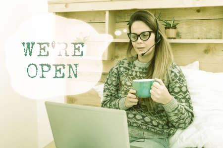 Conceptual display We Re Open. Word Written on answering on client that shop is available at this time Student Learning New Things Online, Casual Internet Surfing And Browsingの写真素材