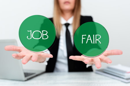 Sign displaying Job Fair. Concept meaning event in which employers recruiters give information to employees Instructor Teaching Different Skills, Teacher Explaining New Methodsの写真素材