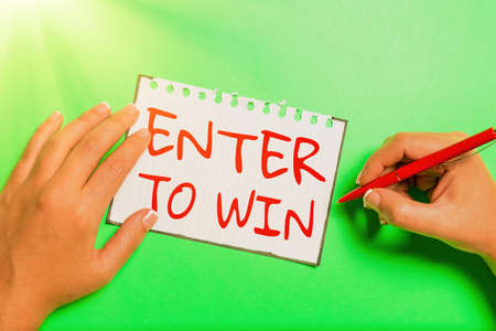 Conceptual caption Enter To Win. Word for exchanging something value for prize chance winning prize Brainstorming Problems And Solutions Asking Relevant Questionsの写真素材