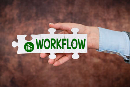 Hand writing sign Workflow. Business idea Series of activities or procedures necessary to complete a task Businesswoman Find Strategy For Resolving Connecting Missing Ideas At Workの写真素材