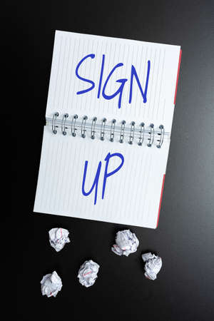 Sign displaying Sign Up. Word for use your information to register in website team college or blog Thinking New Bright Ideas Renewing Creativity And Inspirationの写真素材