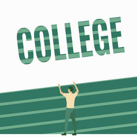 Sign displaying College. Business overview educational institution or establishment providing higher education Athletic Man Standing On Track Field Raising Both Hand Showing Celebration.の写真素材