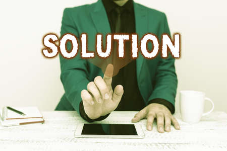 Handwriting text Solution. Internet Concept a means of solving a problem or dealing with a difficult situation Presenting Communication Technology Smartphone Voice And Video Callingの写真素材