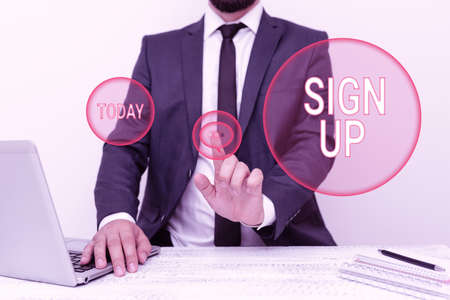 Text caption presenting Sign Up. Word Written on use your information to register in website team...