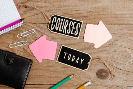 Writing displaying text Courses. Business approach Route Direction followed Classes Land Water Area for sports Collection of Blank Empty Sticker Tags Tied With A String For Information Label Signの写真素材