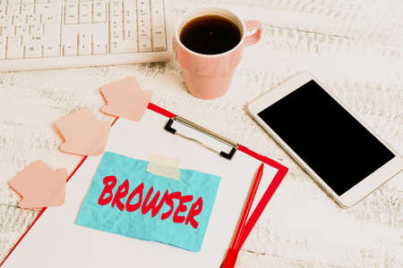 Text sign showing Browser. Concept meaning Computer program Graphical user interface Displaying HTML files Typing New Ideas Business Planning Idea Voice And Video Callsの写真素材