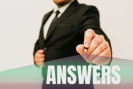 Conceptual display Answers. Business overview Reactions responses to questions statements or situations Choices Presenting New Plans And Ideas Demonstrating Planning Processの写真素材