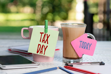 Conceptual caption Tax Day. Business concept colloquial term for time on which individual income tax returns Outdoor Coffee And Refresment Shop Ideas, Cafe Working Experienceの写真素材