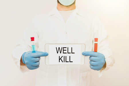 Conceptual display Well Kill. Word Written on operation of placing a column of heavy fluid into a well bore Research Scientist Presenting New Medicine, Researching Preventive Measureの写真素材