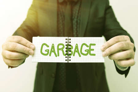 Handwriting text Garbage. Concept meaning waste material or unwanted things that you throw away Rubbish Presenting New Plans And Ideas Demonstrating Planning Processの写真素材