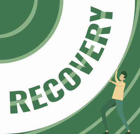 Text showing inspiration Recovery. Concept meaning the return to normal state of health mind or strength soon Gentleman Drawing Standing Pushing Big Circular Object.の写真素材