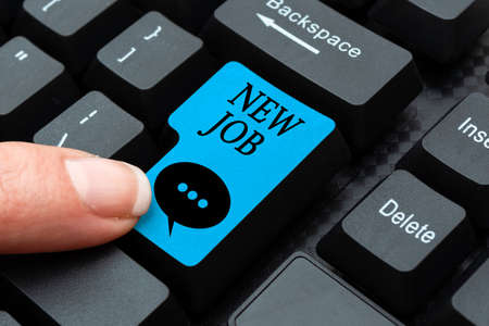 Inspiration showing sign New Job. Word Written on able to get regular work in order to earn money and support life Compiling And Typing Online Research Materials, Sending Chat Messagesの写真素材