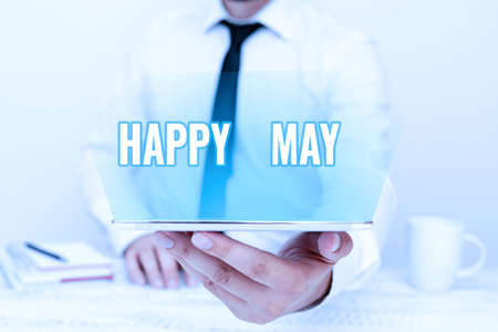 Handwriting text Happy May. Business concept Happy new month Best wishes Fresh Start Celebrating Holiday Presenting Communication Technology Smartphone Voice And Video Callingの写真素材