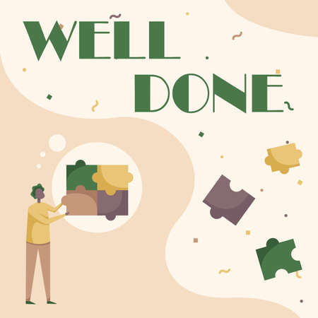 Writing displaying text Well Done. Concept meaning telling person that he made his task or job in perfect shape Man Drawing Standing Fitting Four Jigsaw Puzzle Pieces.の写真素材