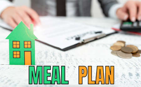 Text caption presenting Meal Plan. Conceptual photo arrangement scheme of what are going to eat next...