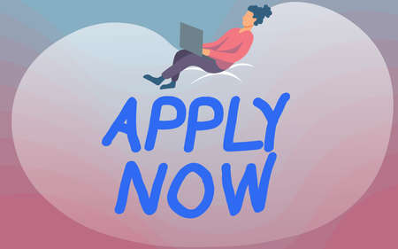 Hand writing sign Apply Now. Business approach An act of a person to acquire the job related to the profession Lady Drawing Sitting Back On A Large Bean Bag Using Laptop.の写真素材
