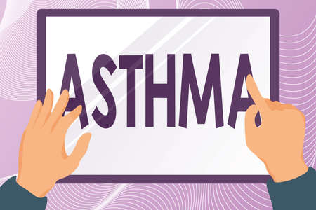Writing displaying text Asthma. Internet Concept Respiratory condition marked by spasms in the bronchi of the lungs Hands Illustration Holding Drawing On Tablet Scree Showing Information.の写真素材