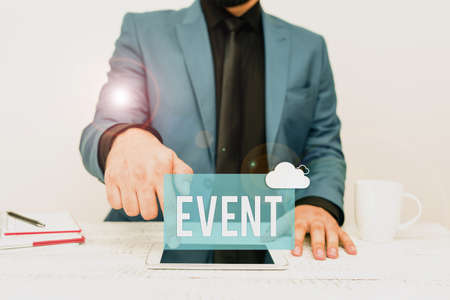 Text sign showing Event. Business overview Function to generate money for non profit a Crowded Occassion Presenting Communication Technology Smartphone Voice And Video Callingの写真素材