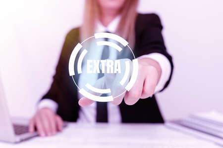 Writing displaying text Extra. Word Written on Added to existing or usual amount number In addition normal Give more Explaining Company Problem, Abstract Providing Dispute Solutionsの写真素材