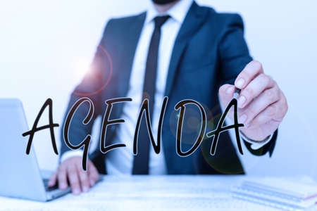 Text caption presenting Agenda. Business concept list items that participants hope to accomplish at meetings Remote Office Work Online Presenting Communication Technologyの写真素材