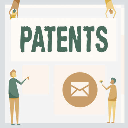 Sign displaying Patents. Business approach government authority or licence conferring a right or title Four Colleagues Drawing Standing Holding Different Sized Blank Sheet.の写真素材