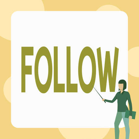 Conceptual caption Follow. Internet Concept to come after something in time or place or as part of a series Lady Standing Holding Notebook While Pointing Stick In Blank Whiteboard.の写真素材