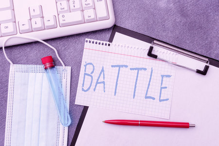 Text showing inspiration Battle. Word Written on violent fight between groups of showing or between military forces Typing Medical Notes Scientific Studies And Treatment Plansの写真素材