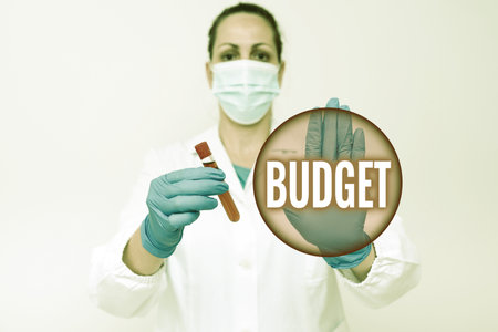 Writing displaying text Budget. Business idea an estimate of income and expenditure for a set period of time Studying Toxic Virus Analyzing Viral Discovery New Laboratory Experimentsの写真素材