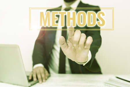 Text showing inspiration Methods. Business concept the particular form of procedure for accomplishing something Remote Office Work Online Presenting Communication Technologyの写真素材