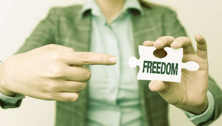 Hand writing sign Freedom. Business idea liberty rather than in confinement or under physical restraint Businesswoman Find Strategy For Resolving Missing Ideas At Officeの写真素材