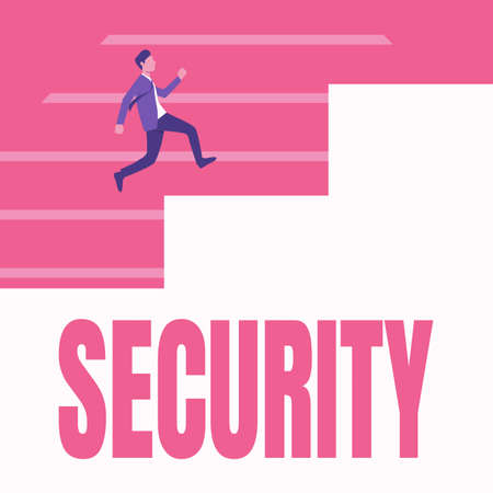 Writing displaying text Security. Business overview measures taken to be safe Quality or state of being secure Gentleman In Suit Running Upwards On A Large Stair Steps Showing Progress.の写真素材