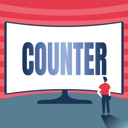 Conceptual caption Counter. Business overview a surface used for making transactions in a store or in a bank Man Standing Illustration Standing Infront Of Huge Display Screen.の写真素材