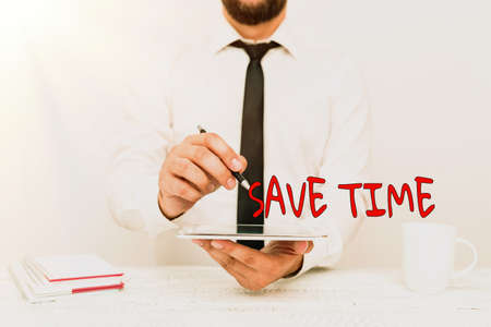 Conceptual display Save Time. Word Written on to do something more efficiently such that less time is required Presenting Communication Technology Smartphone Voice And Video Callingの写真素材