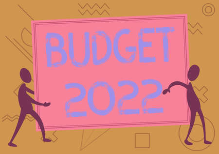 Conceptual display Budget 2022. Business concept estimate of income and expenditure for next or current year Two Colleagues Standing Carrying Large Blank Board Showing Unity.の写真素材
