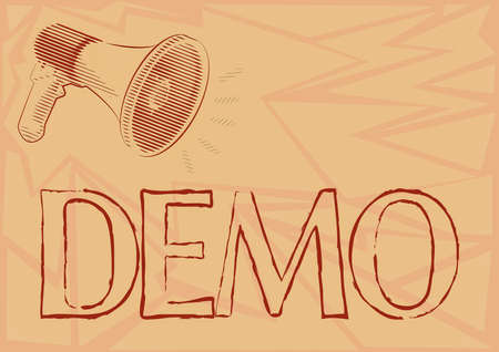 Sign displaying Demo. Internet Concept Demonstration of a product techniques and capabilities Public meeting Illustration Of A Loud Megaphones Speaker Making New Announcements.の写真素材