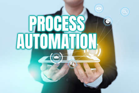 Conceptual caption Process Automation. Conceptual photo Transformation Streamlined Robotic To avoid Redundancy Lady In Uniform Holding Phone And Showing Futuristic Virtual Displayの写真素材